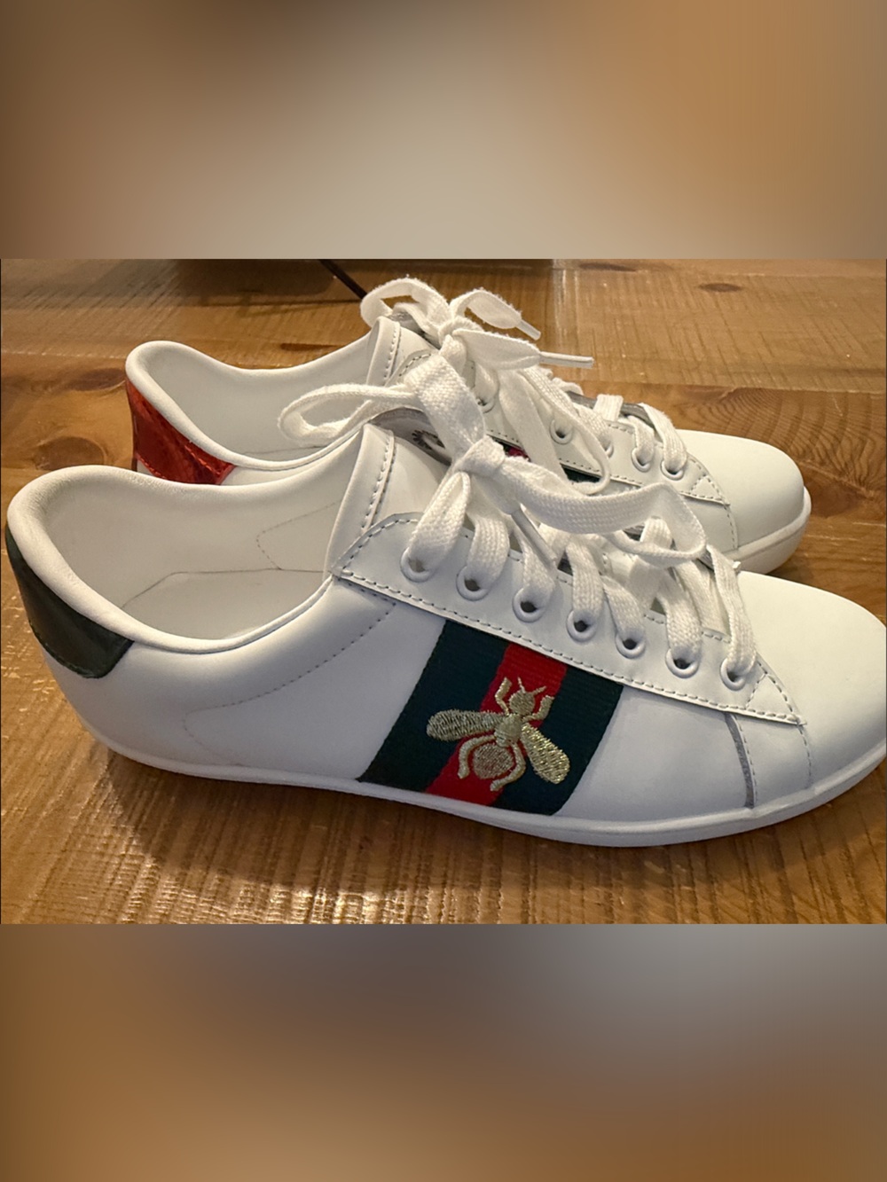 Gucci White Leather Sneakers with Green & Red Web and Gold Bee Accent
